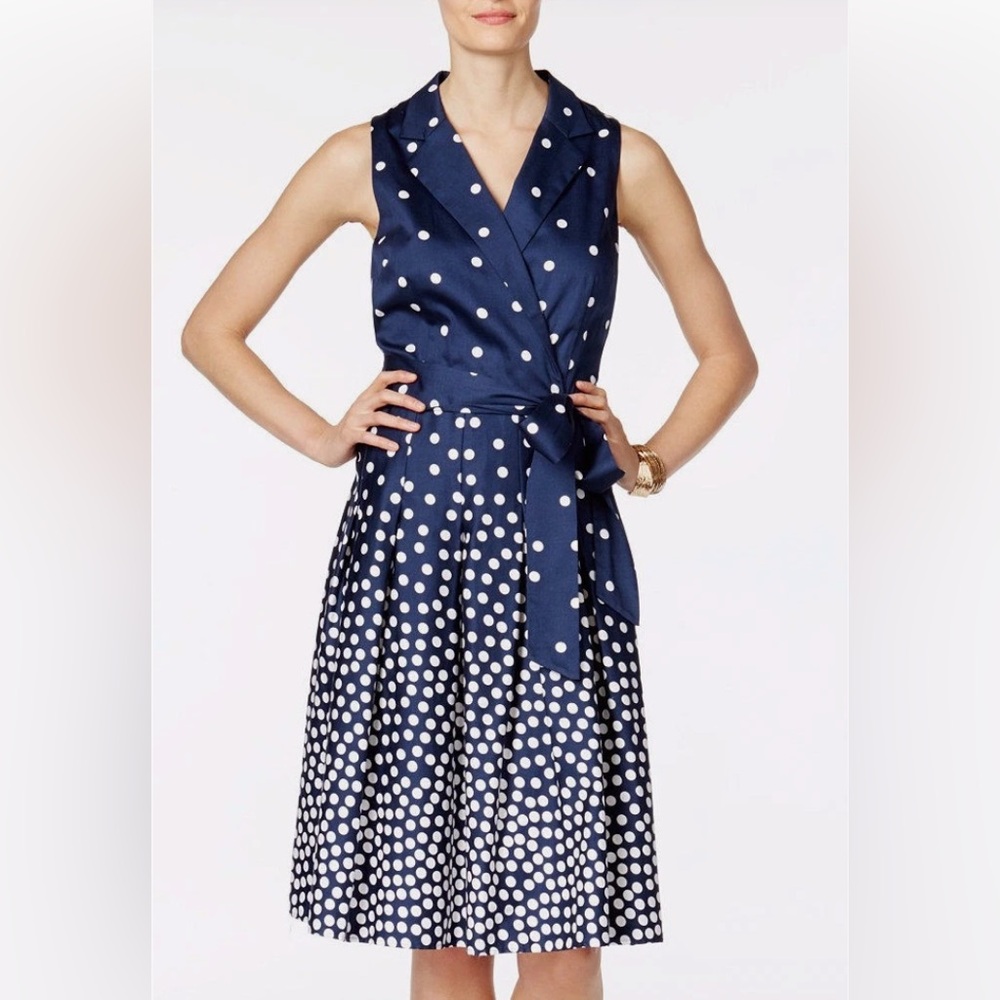 Anne Klein Cadet Navy/White Polka Dot Faux‑Wrap Pleated Fit Flare Dress Size 0